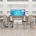 Hotel Lobby Interior With Reception Desk Large Digital Screen Silver Turnstiles And Marble Flooring