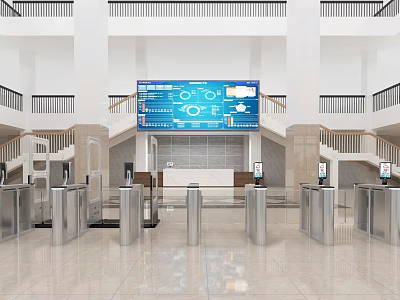 Hotel Lobby Interior With Reception Desk Large Digital Screen Silver Turnstiles And Marble Flooring 3d model
