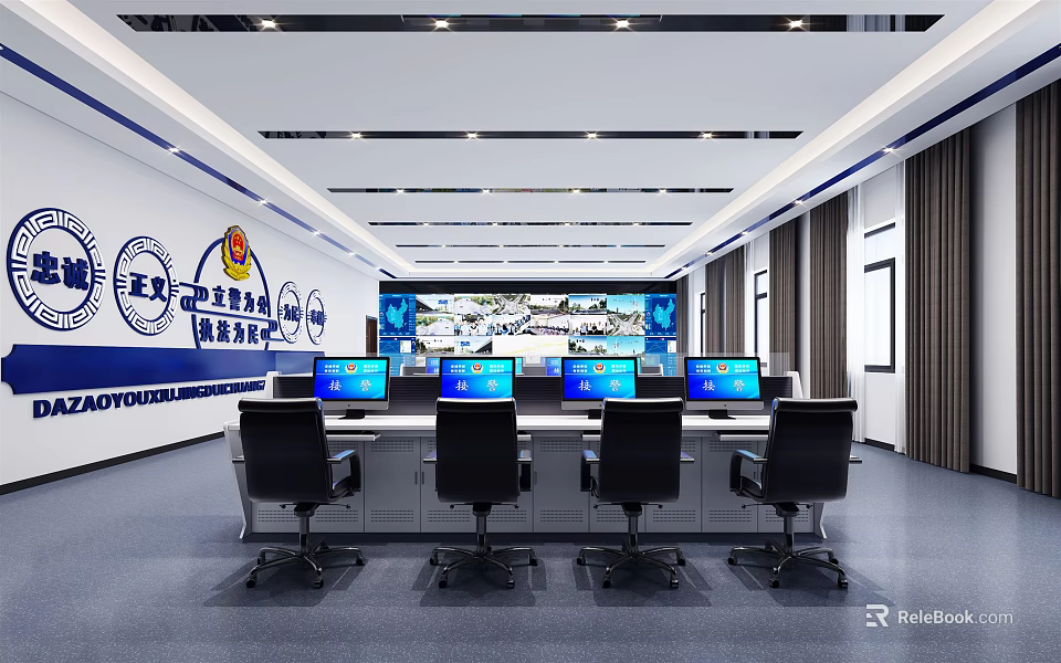 Modern Security Monitoring Room With Multiple Computer Monitors Workstations And Ergonomic Chairs 3d model 
