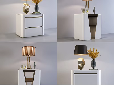 White Modern Nightstand With Stylish Lamps Vase And Yellow Flowers Decor 3d model