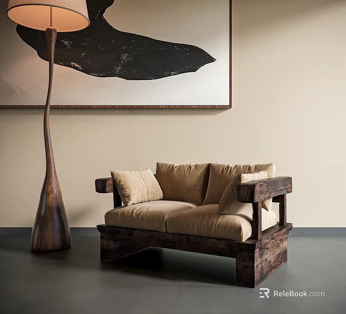 Two Seater Sofa With Wooden Frame Beige Cushions Floor Lamp And Abstract Wall Painting 3d model 