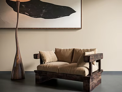 Two Seater Sofa With Wooden Frame Beige Cushions Floor Lamp And Abstract Wall Painting 3d model