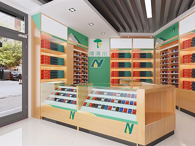 Specialty Store Interior With Green Red Product Shelves And Wooden Display Counters 3d model