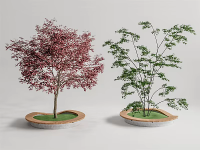 Red and Green Leaf Trees in Circular Planters with Grass and Brick Edges 3d model