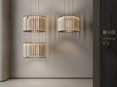Modern Minimalist Pendant Lights With Wooden Stripes Hanging In Display Area 3d model