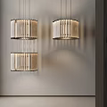 Modern Minimalist Pendant Lights With Wooden Stripes Hanging In Display Area
