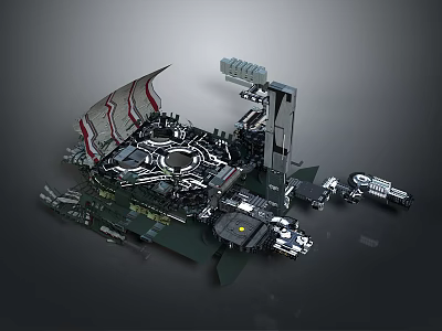 Futuristic Industrial Building Structure with Complex Mechanical Components Multiple Platforms and Tall Towers 3d model