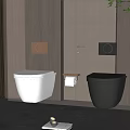 Modern Bathroom Featuring Wall Mounted White And Black Toilets With Sleek Design