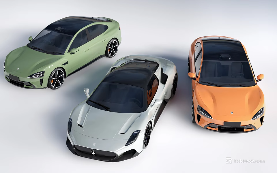 Sleek Modern Sports Cars In Green White And Orange With Aerodynamic Design 3d model 