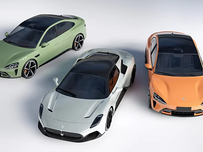 Sleek Modern Sports Cars In Green White And Orange With Aerodynamic Design 3d model