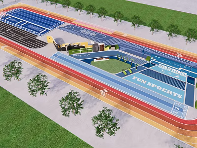 Colorful Children's Play Area With Running Tracks Sports Zones And Green Surroundings 3d model