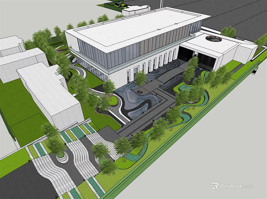 Modern Sales Office Building With Glass Facade Landscaped Gardens Curved Pathways And Green Lawns 3d model 