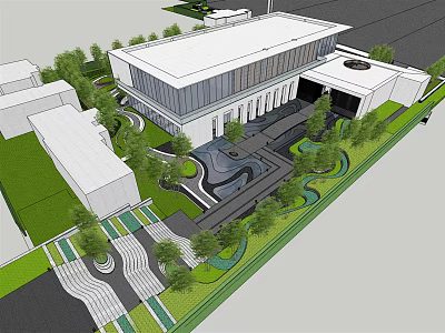 Modern Sales Office Building With Glass Facade Landscaped Gardens Curved Pathways And Green Lawns 3d model