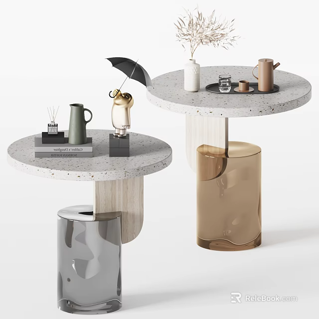 Modern Round Side Tables With Terrazzo Top Vase Teapot Books And Decorative Figurine 3d model 