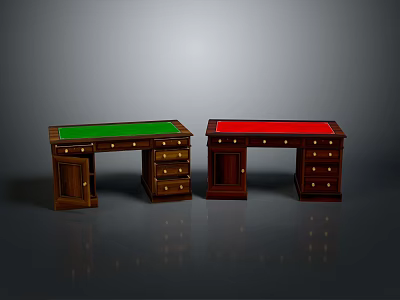 Two Wooden Desks With Green And Red Tops And Drawer Storage 3d model
