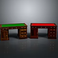 Two Wooden Desks With Green And Red Tops And Drawer Storage