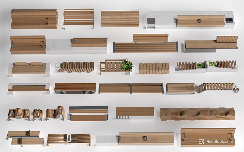 Various Wooden Bench Designs With Different Shapes And Green Plants 3d model 