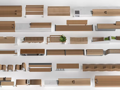 Various Wooden Bench Designs With Different Shapes And Green Plants 3d model