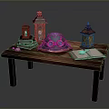 Vintage Wooden Table with Decorative Lanterns Blue Hat Books Open Book and Magnifying Glass