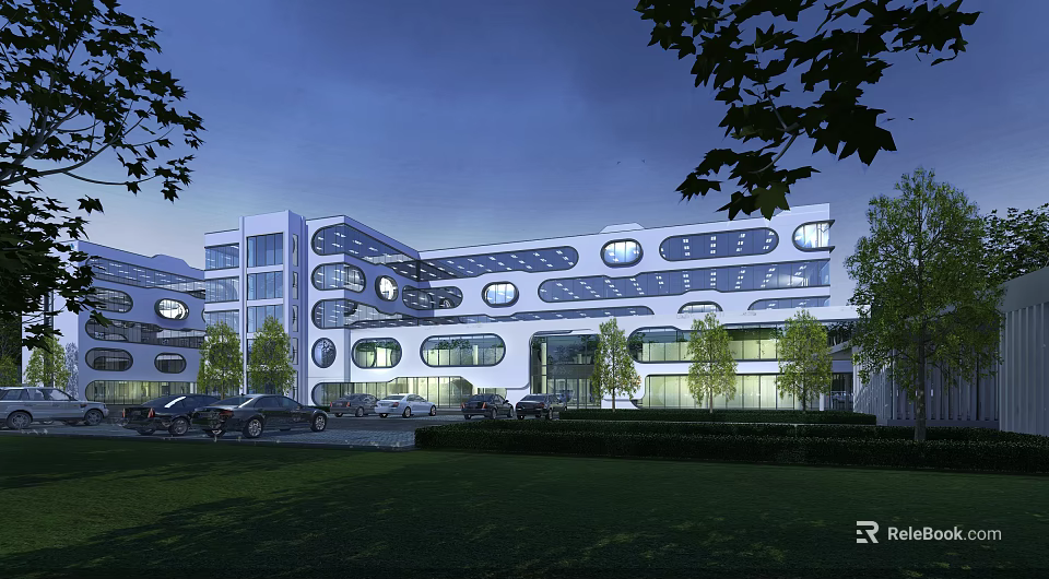 Modern Hospital Building Exterior At Night With Illumination Circular Windows Parking Lot And Green Plants 3d model 