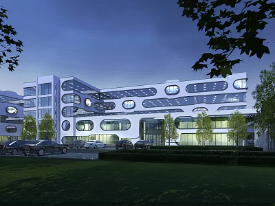 Modern Hospital Building Exterior At Night With Illumination Circular Windows Parking Lot And Green Plants 3d model