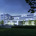 Modern Hospital Building Exterior At Night With Illumination Circular Windows Parking Lot And Green Plants