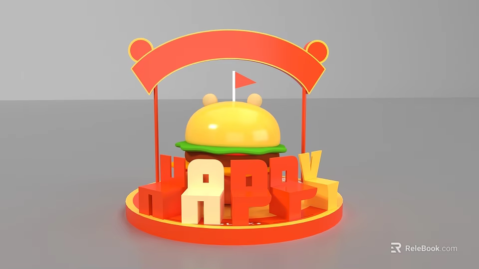 Hamburger Shaped Photo Spot With Red Arch Yellow Top And HAPPY Letters 3d model 