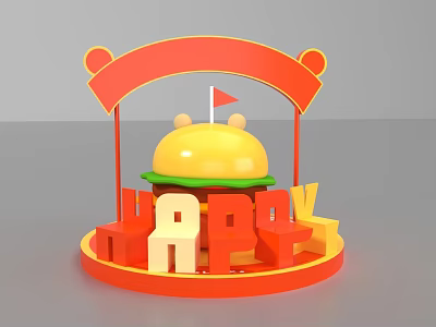 Hamburger Shaped Photo Spot With Red Arch Yellow Top And HAPPY Letters 3d model