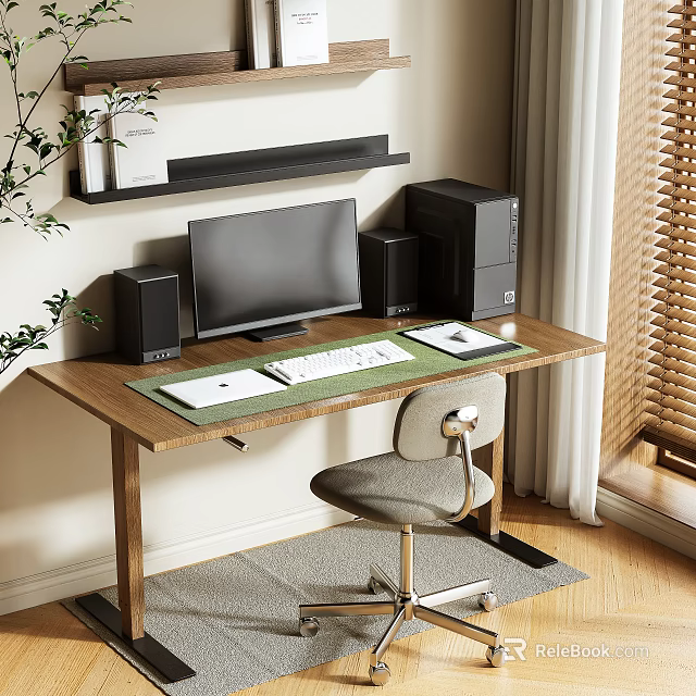 Modern Wooden Desk with Computer Monitor Speakers Mouse Pad Office Chair and Plant Near Window 3d model 