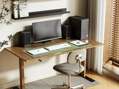 Modern Wooden Desk with Computer Monitor Speakers Mouse Pad Office Chair and Plant Near Window 3d model
