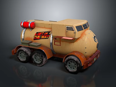 Beige Rusty Military Truck With Red Cylindrical Tank And Get Out Of The Way Text 3d model