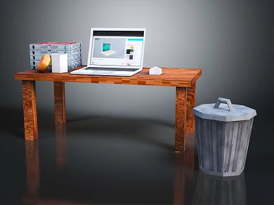 Wooden Desk Setup With Laptop Books Mouse And Trash Can In Room 3d model