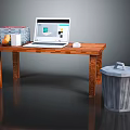 Wooden Desk Setup With Laptop Books Mouse And Trash Can In Room