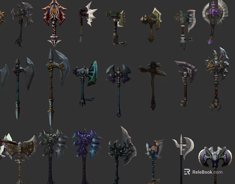 Various Medieval Fantasy Axes With Unique Designs And Decorative Handles 3d model 