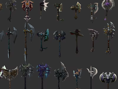 Various Medieval Fantasy Axes With Unique Designs And Decorative Handles 3d model