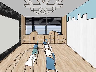 Kindergarten Classroom Interior With Wooden Floor White Tables Blue Chairs And Snowflake Decoration 3d model