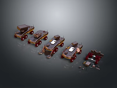 Different Weapon Equipment on Armored Vehicle Models With Red Wheels and Gray Background 3d model