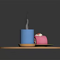 Pink Dessert With Strawberry Decoration And Blue Steaming Coffee Cup On Wooden Round Tray