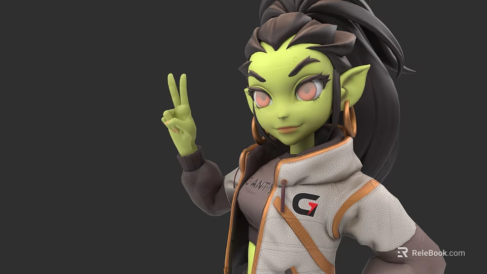Green Skinned Game Character With Pointed Ears Ponytail And G Logo Hoodie Making Peace Sign 3d model 