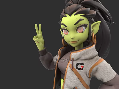 Green Skinned Game Character With Pointed Ears Ponytail And G Logo Hoodie Making Peace Sign 3d model