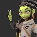 Green Skinned Game Character With Pointed Ears Ponytail And G Logo Hoodie Making Peace Sign