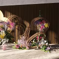 Elegant Floral Installation With Gold Cloud Shaped Decor And Colorful Flowers On Wooden Backdrop