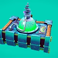 Fantasy Book With Green Glass Flask And Mechanical Parts On Teal Background