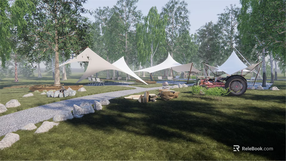 Serene Garden Landscape With White Canopies Trees Gravel Path And Green Grass 3d model 