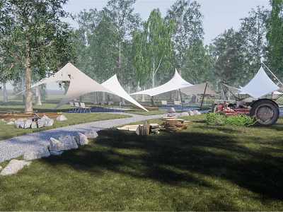 Serene Garden Landscape With White Canopies Trees Gravel Path And Green Grass 3d model