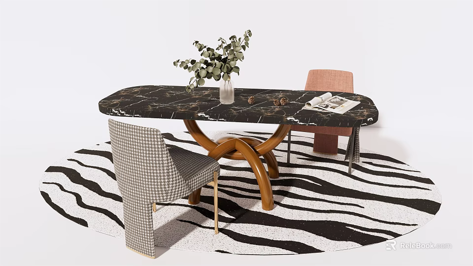Elegant Dining Table Set With Black Marble Tabletop Wooden Legs Houndstooth Pink Chairs Zebra Rug 3d model 