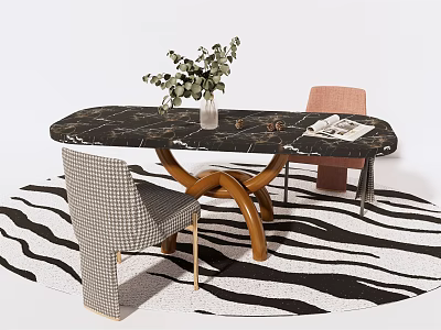 Elegant Dining Table Set With Black Marble Tabletop Wooden Legs Houndstooth Pink Chairs Zebra Rug 3d model