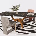 Elegant Dining Table Set With Black Marble Tabletop Wooden Legs Houndstooth Pink Chairs Zebra Rug