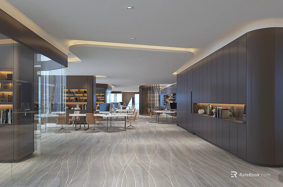 Modern Public Office Space With Open Layout Work Desks Bookshelves And Lighting 3d model 