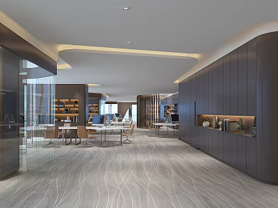 Modern Public Office Space With Open Layout Work Desks Bookshelves And Lighting 3d model